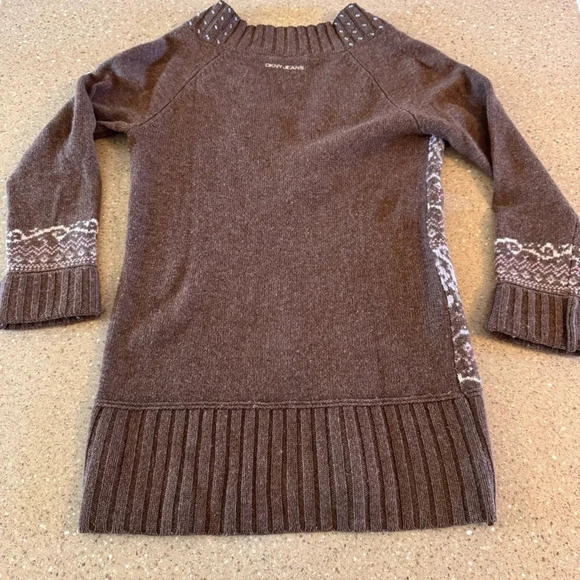 DKNYC Sweater Women size Small Vneck Brown And White 100% Wool casual career - Picture 5 of 6